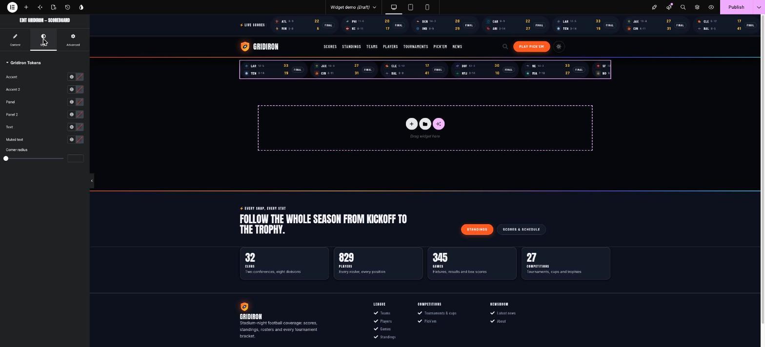 The Style tab of a Gridiron widget showing the Gridiron Tokens controls: Accent, Accent 2, Panel, Panel 2, Text, Muted text and Corner radius