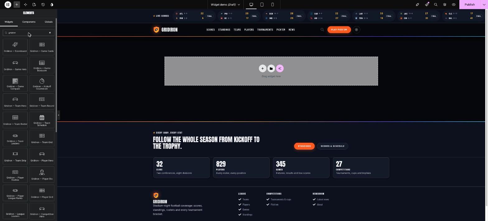 The Elementor widget panel filtered by gridiron, listing Scoreboard, Game Cards, Game Hero, Team Hero, Team Roster, Player Grid and more widgets