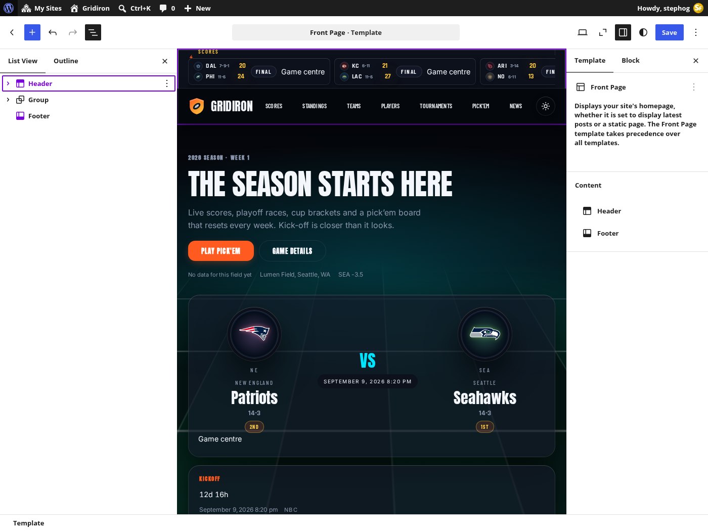 The Site Editor with the Gridiron front page open: List View on the left, the live board in the canvas, block settings on the right