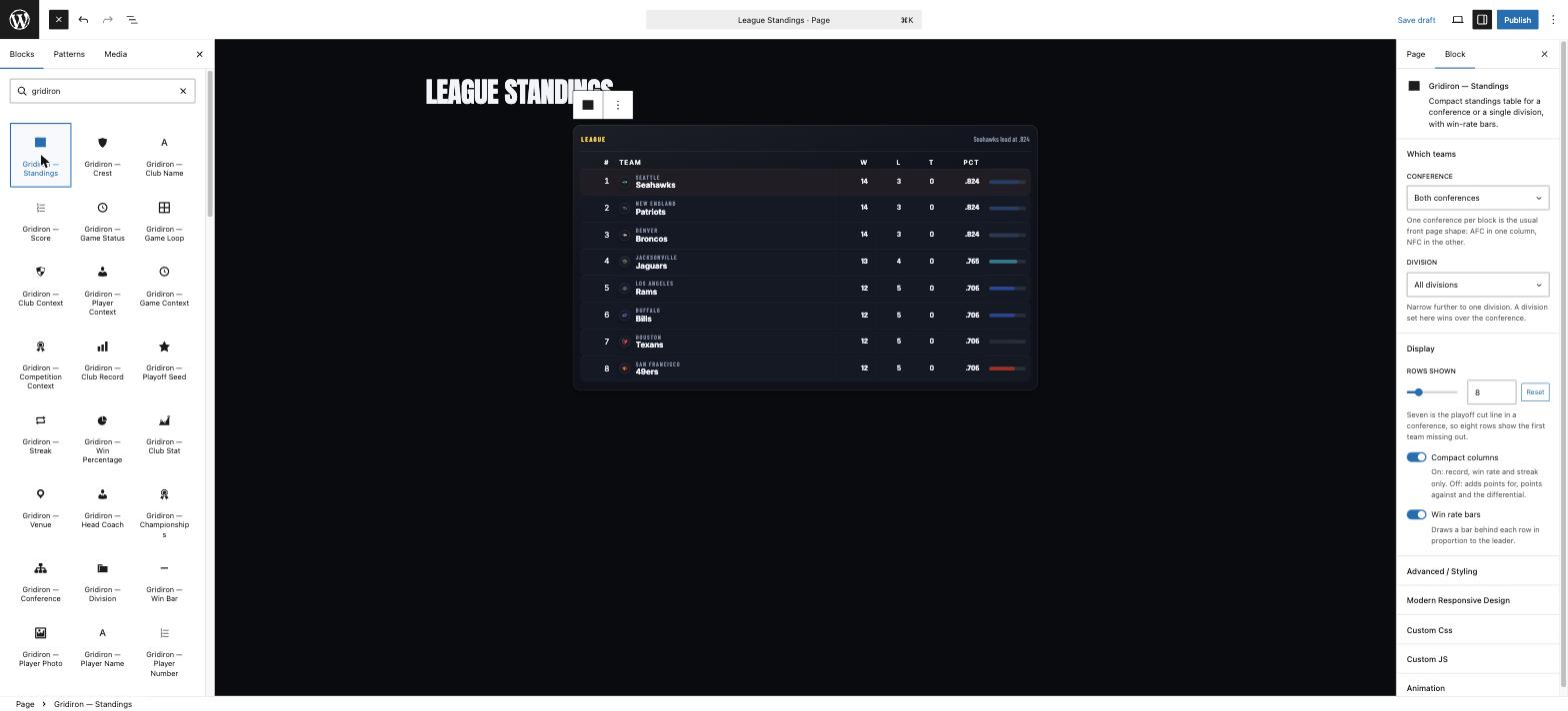 The Standings block rendered live in the editor canvas with the sidebar showing conference, division, rows shown, compact columns and win rate bars controls