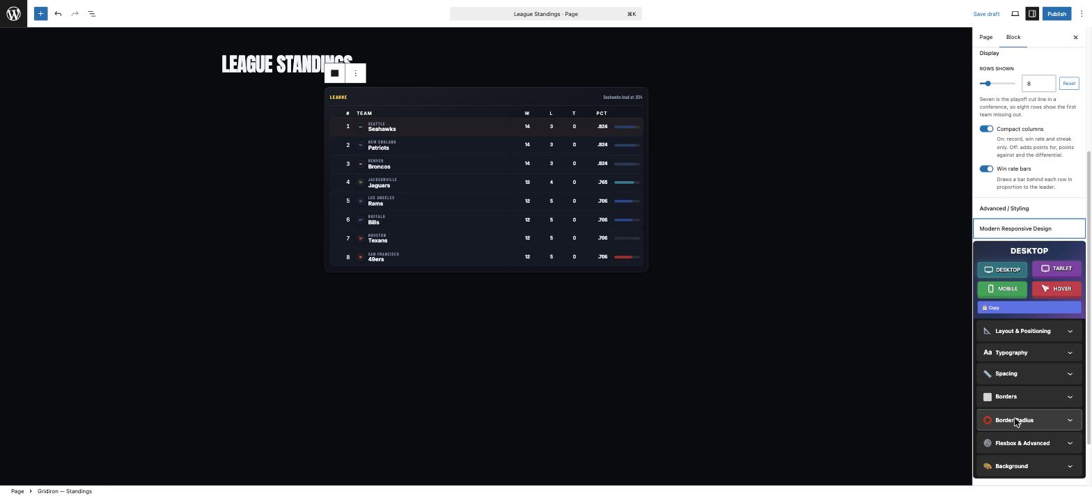 The Stepfox Looks Modern Responsive Design panel with Desktop, Tablet, Mobile and Hover tabs and Layout, Typography, Spacing, Borders and Background sections