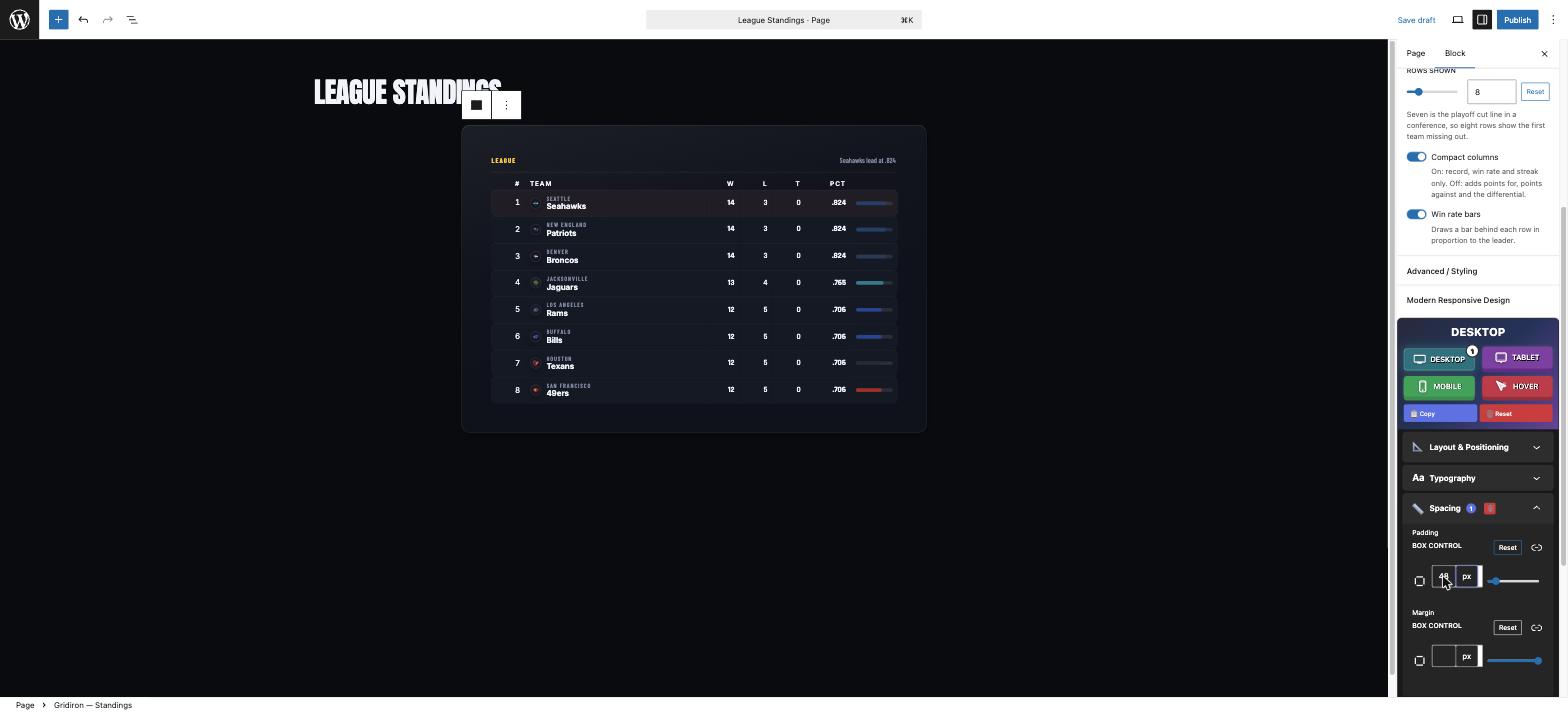 The Spacing section of Stepfox Looks with 48 pixels of padding entered and the standings table in the canvas re-rendered with the new spacing