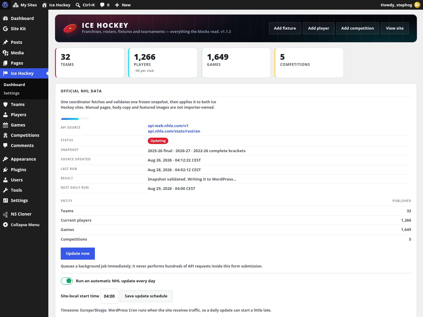 The Ice Hockey dashboard in wp-admin with the official NHL data console and update log