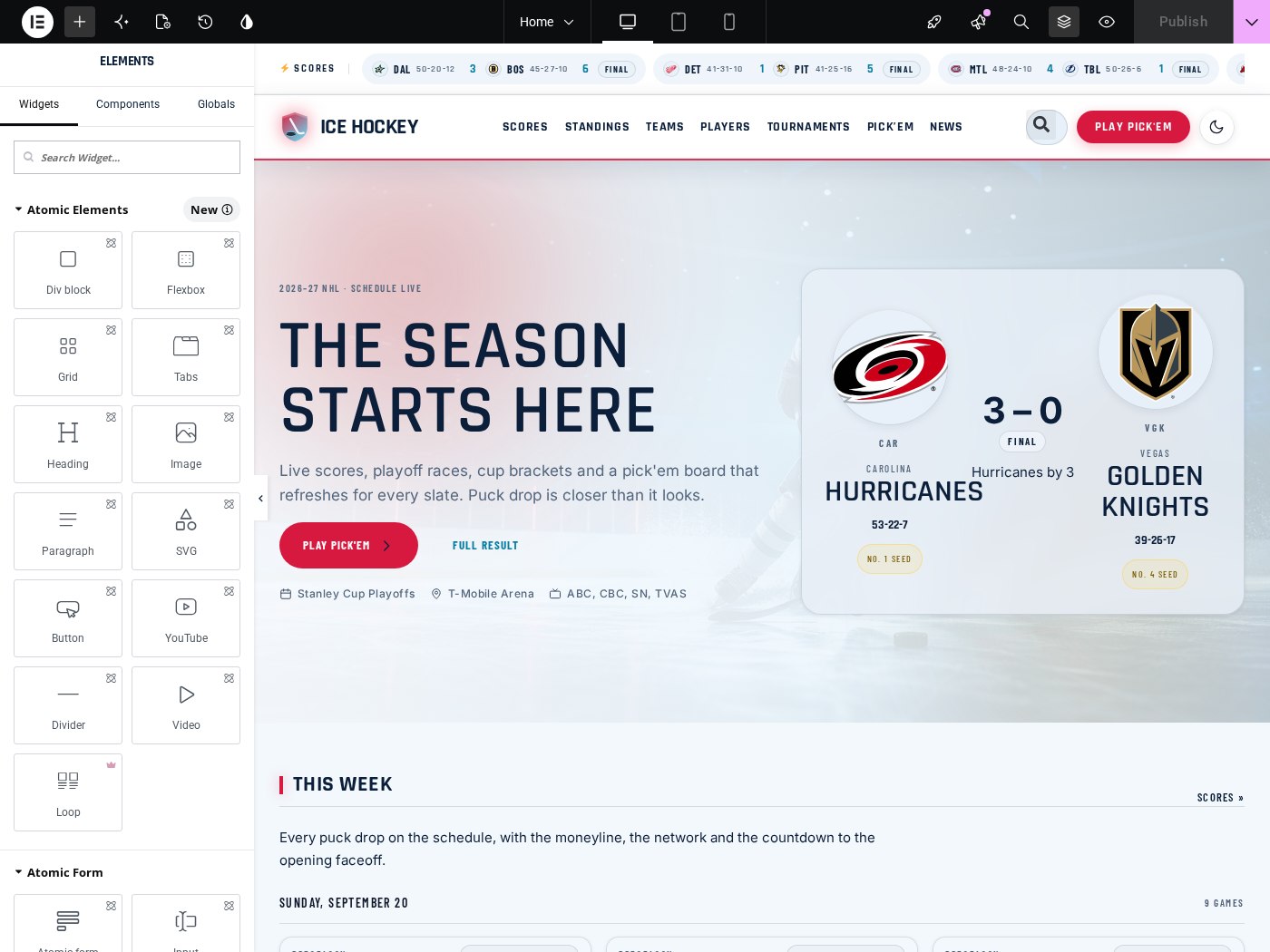 The Elementor editor with the same Ice Hockey front page and the native widget workspace