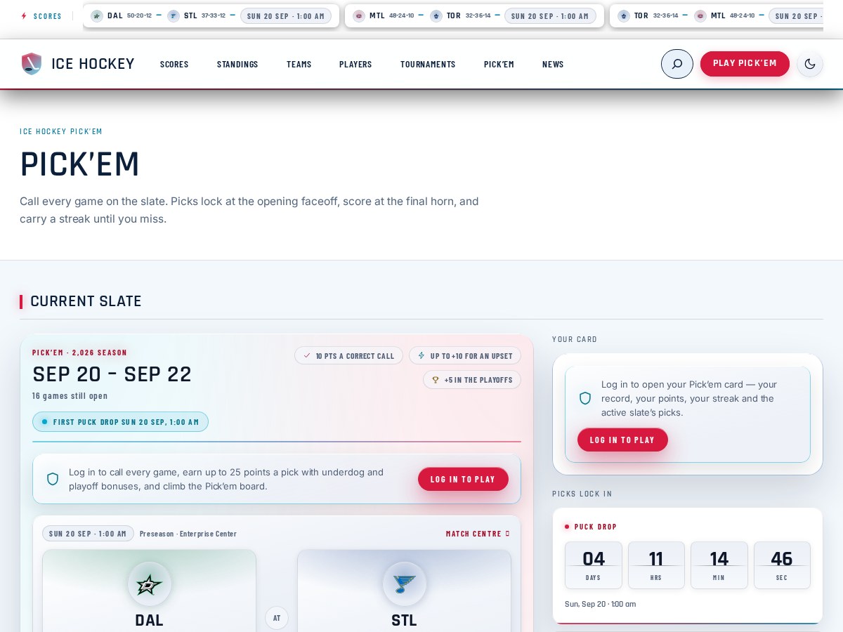 The built-in pick'em: current slate with scoring rules, puck-drop lock times and a login card
