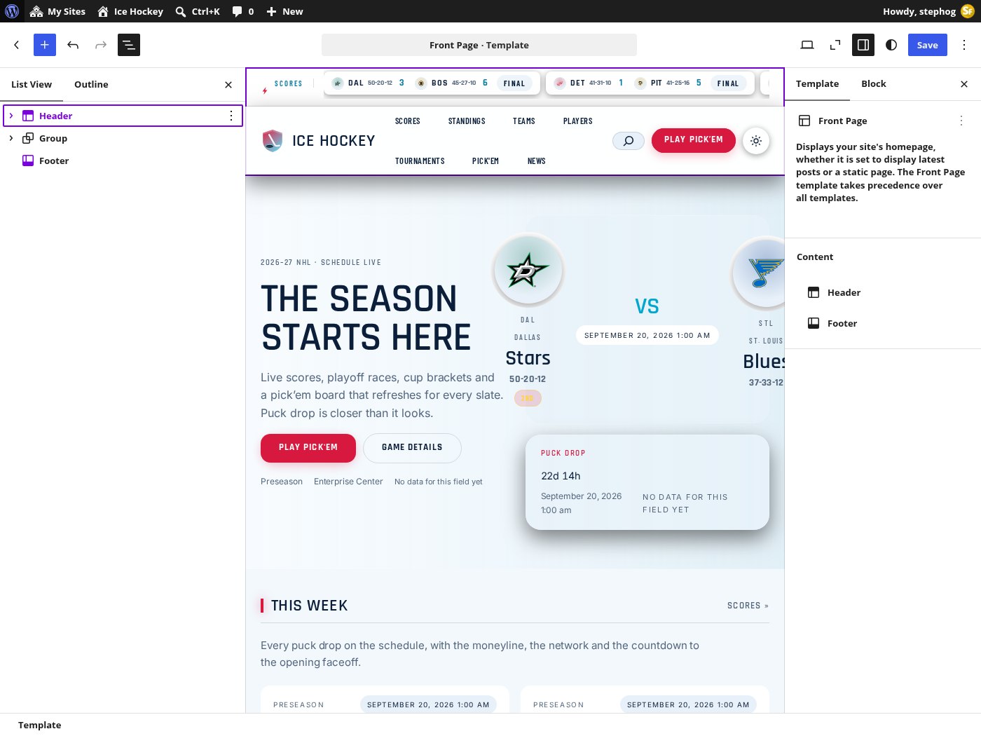 The Site Editor with the Ice Hockey front page open: List View on the left, the live board in the canvas, block settings on the right