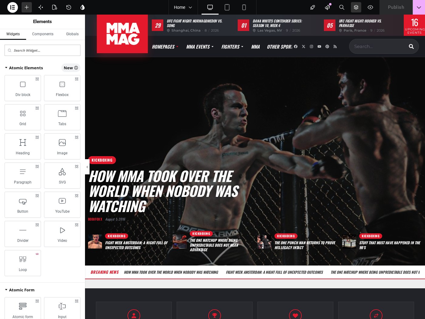 The Elementor editor with the MMA magazine front page and widget workspace