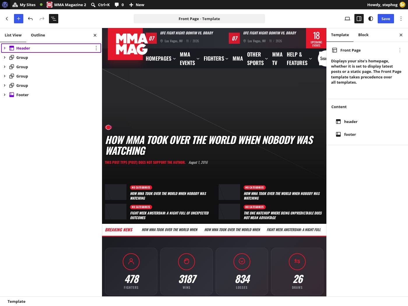 The Site Editor with the magazine front page open