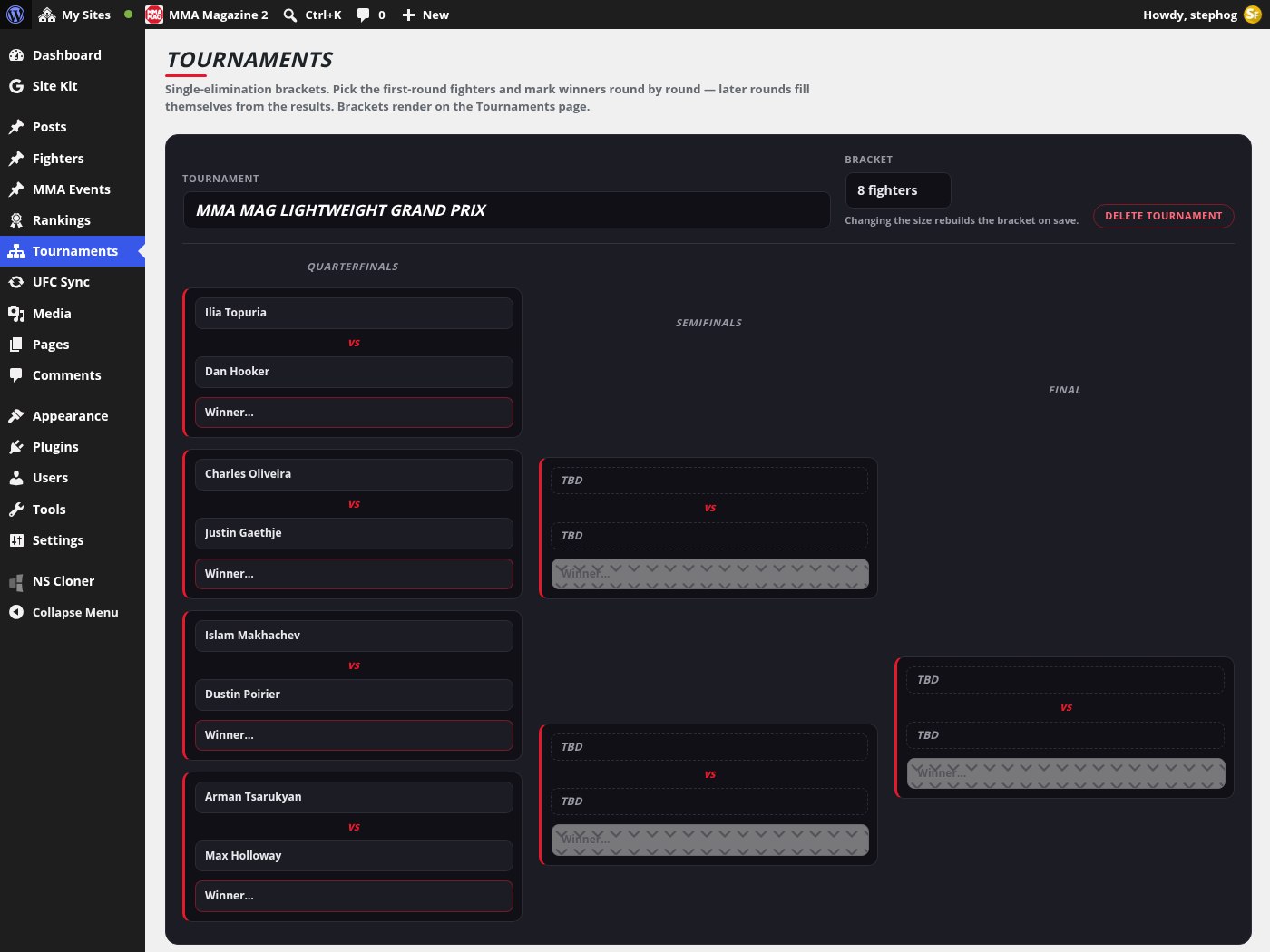 The tournament bracket builder in wp-admin
