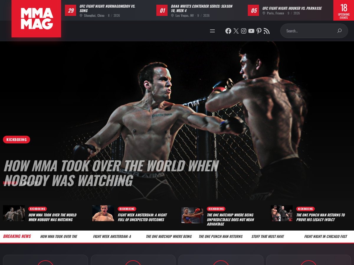 The MMA magazine demo front page with the events ticker and fight-week stories