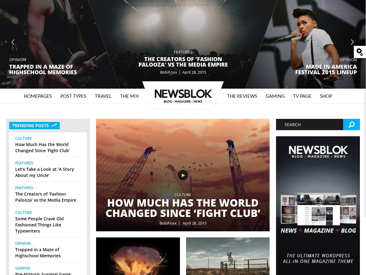 The Newsblok demo front page (modular news WordPress theme)