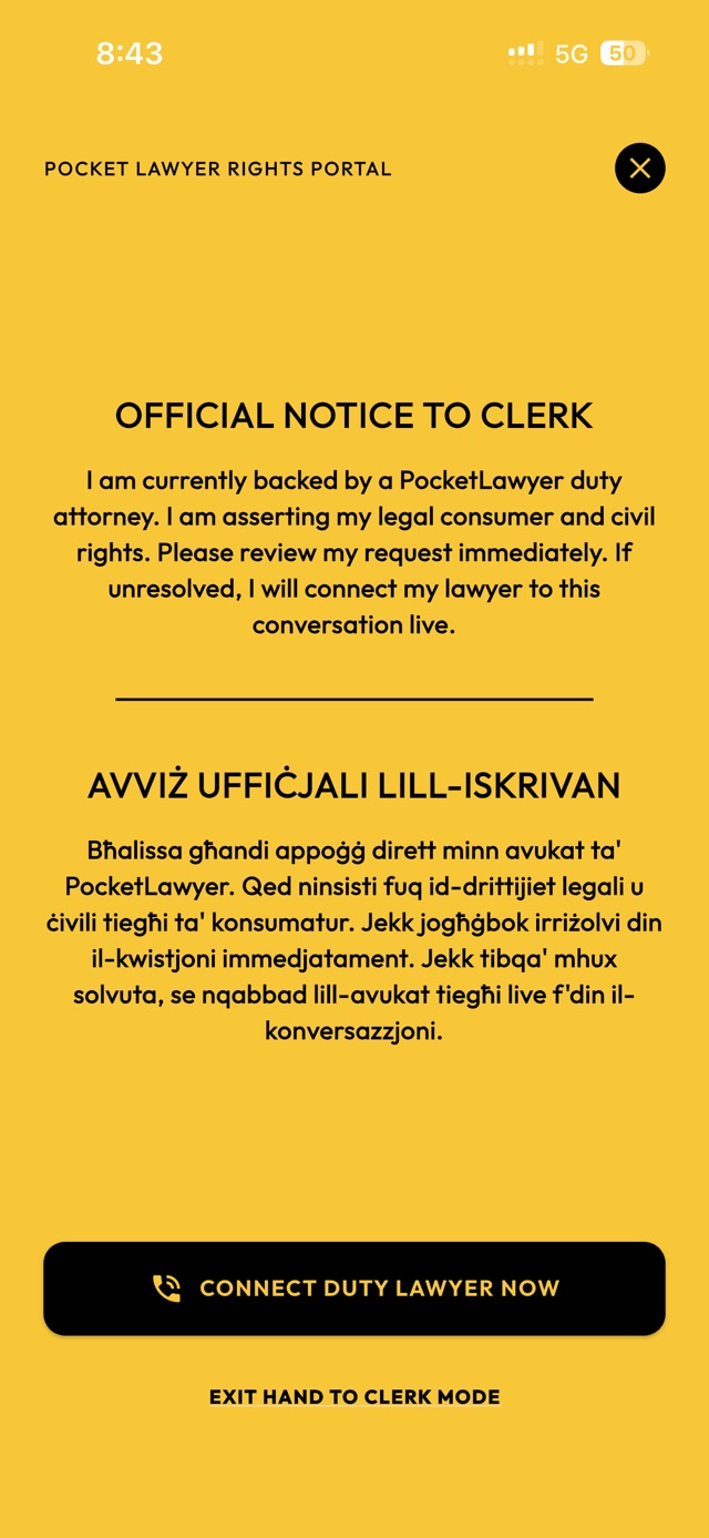 Pocket Lawyers app screenshot — request a lawyer