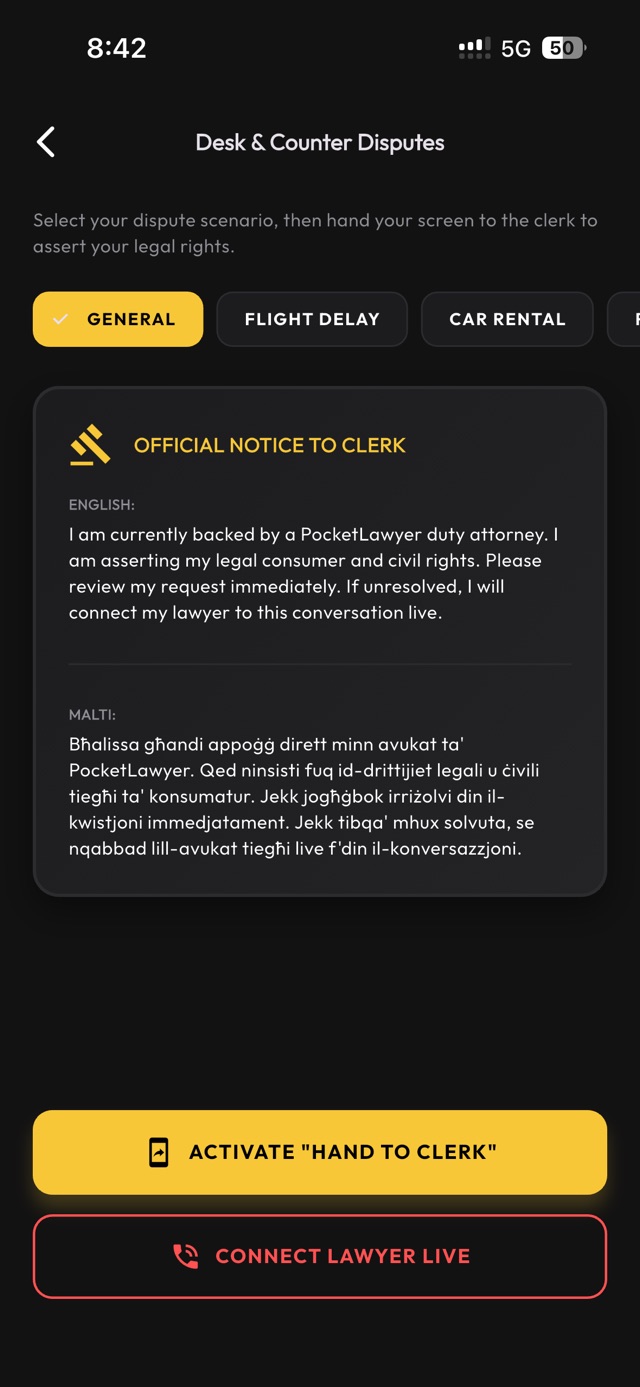 Pocket Lawyers app screenshot — live lawyer chat