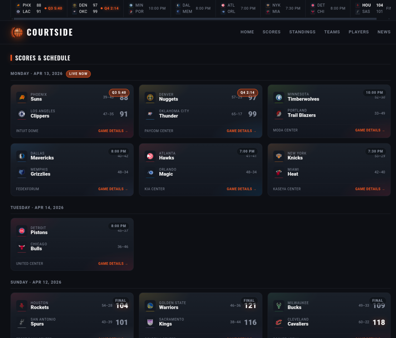Scores hub with date-grouped matchup cards
