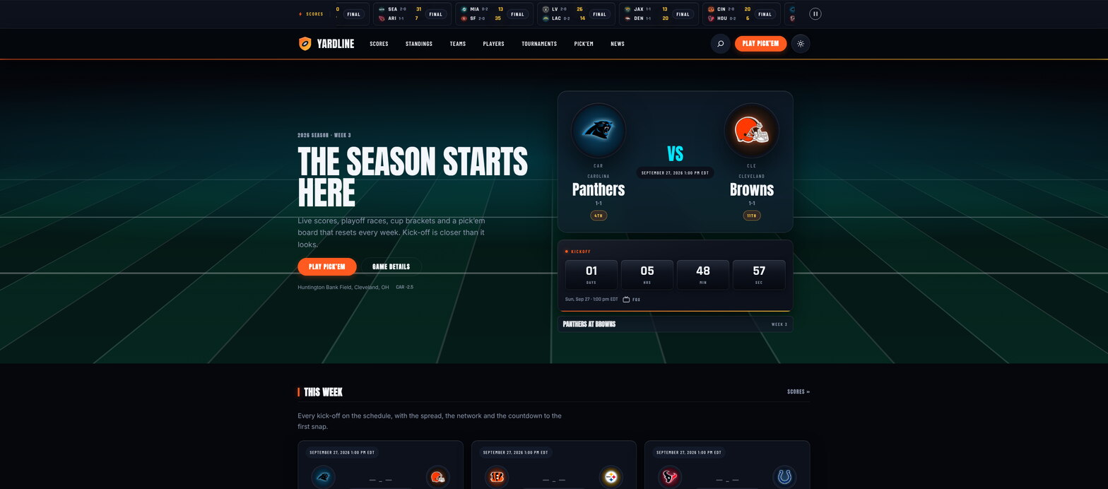 The Yardline front page: hero matchup card with kickoff countdown, live score ticker and this week's fixtures (American football WordPress theme)
