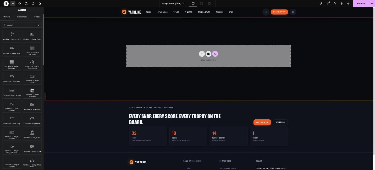 The Elementor widget panel filtered by gridiron, listing Scoreboard, Game Cards, Game Hero, Team Hero, Team Roster, Player Grid and more widgets