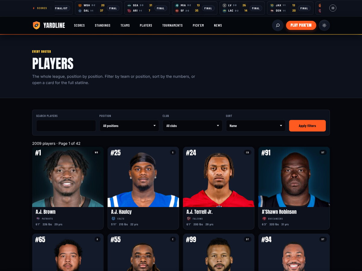 The Yardline player grid with positions, clubs and stat sorting