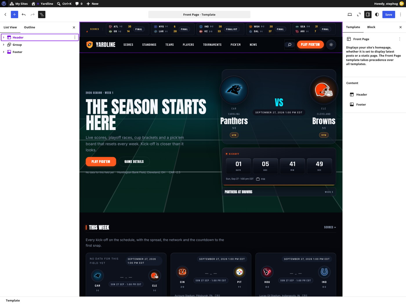 The Site Editor with the Yardline front page open: List View on the left, the live board in the canvas, block settings on the right