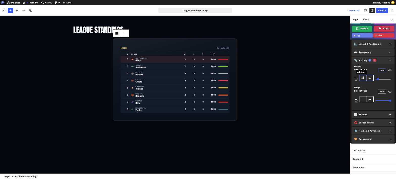 The Spacing section of Stepfox Looks with 48 pixels of padding entered and the standings table in the canvas re-rendered with the new spacing