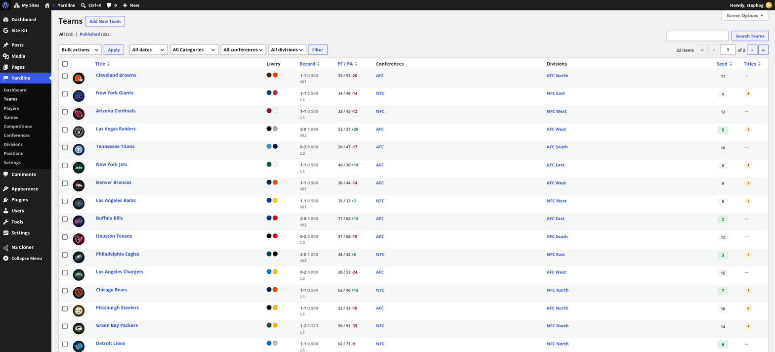 The Teams admin screen listing clubs with crest, livery colours, record, points for and against, conference, division and playoff seed columns