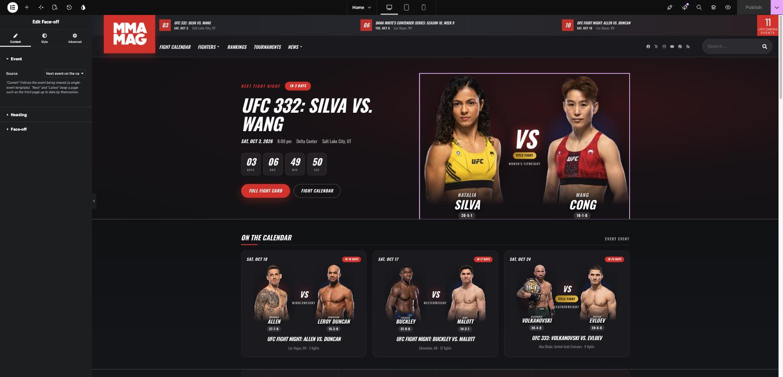 The Elementor editor with the MMA front page open and the Face-off widget selected