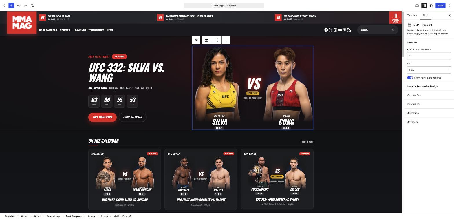 The Site Editor with the MMA front page open and the face-off block selected