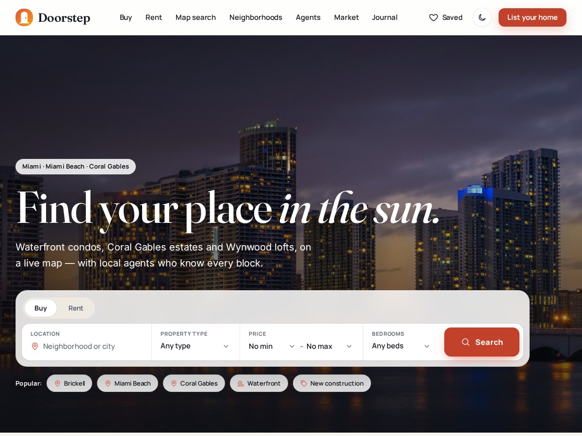 The Doorstep demo front page: hero search with Buy/Rent tabs over Miami at dusk, popular areas and a night-mode toggle (real estate WordPress theme)