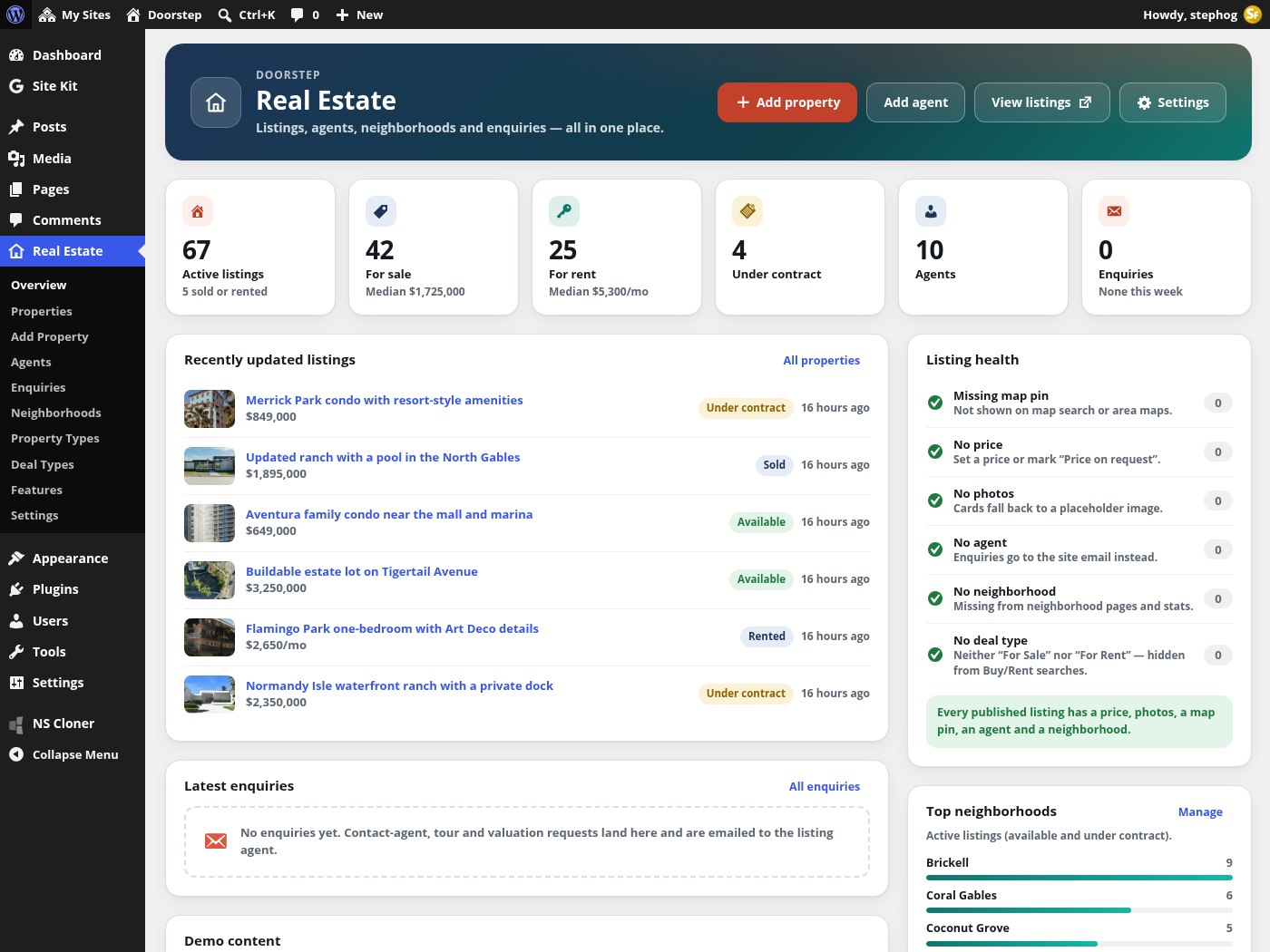 The Real Estate dashboard in wp-admin: listings, agents, enquiries and the demo importer