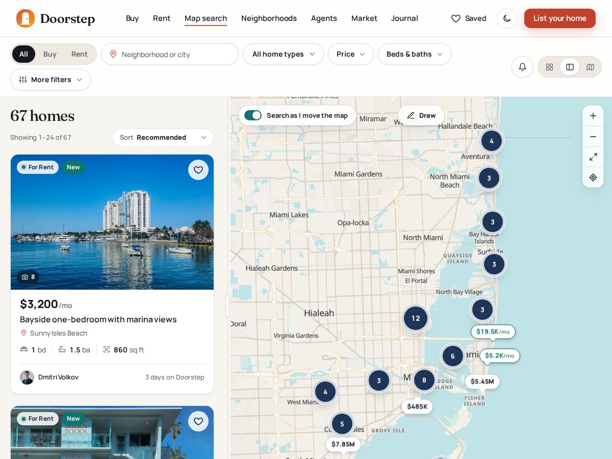 Doorstep map search: split-screen results with price pins, clustering, draw-to-search and search-as-you-move