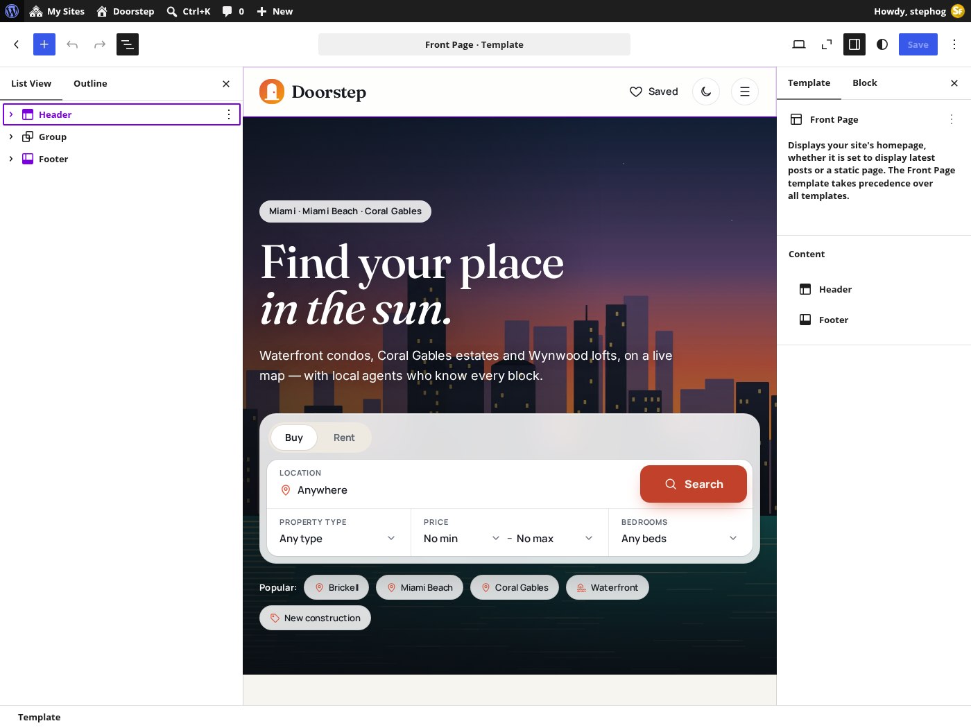 Inside the Site Editor: the Doorstep front page open as blocks, List View on the left, block settings on the right