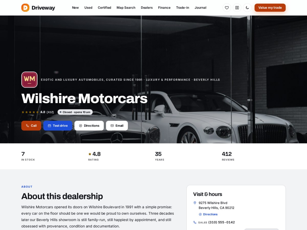 A Driveway dealer profile with open-now hours, brands carried, reviews and live inventory