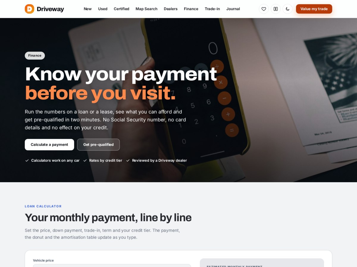 Driveway finance: loan, lease and affordability calculators sharing one set of finance defaults