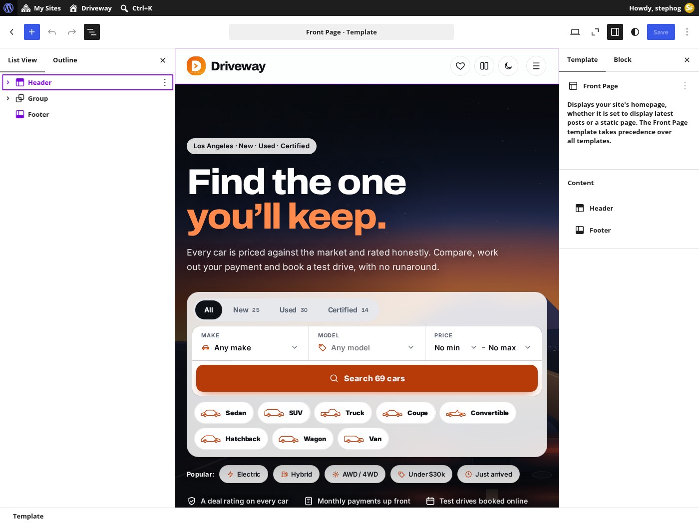 Inside the Site Editor: the Driveway front page open as blocks, List View on the left, block settings on the right