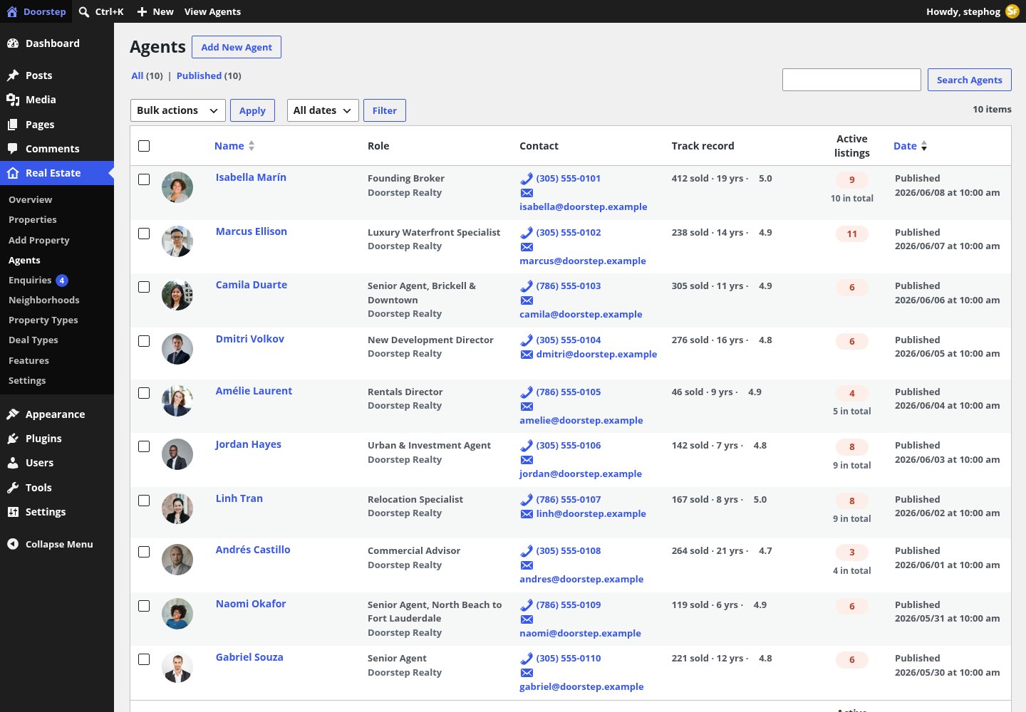 Real Estate → Agents: photo, name, role, contact, track record and active listings columns