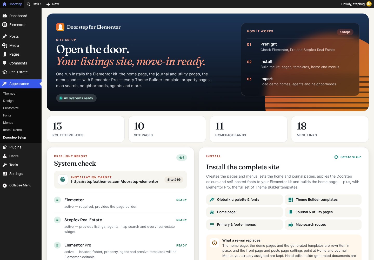 Appearance → Doorstep Setup in the Elementor edition: system check and the Install the demo layout button