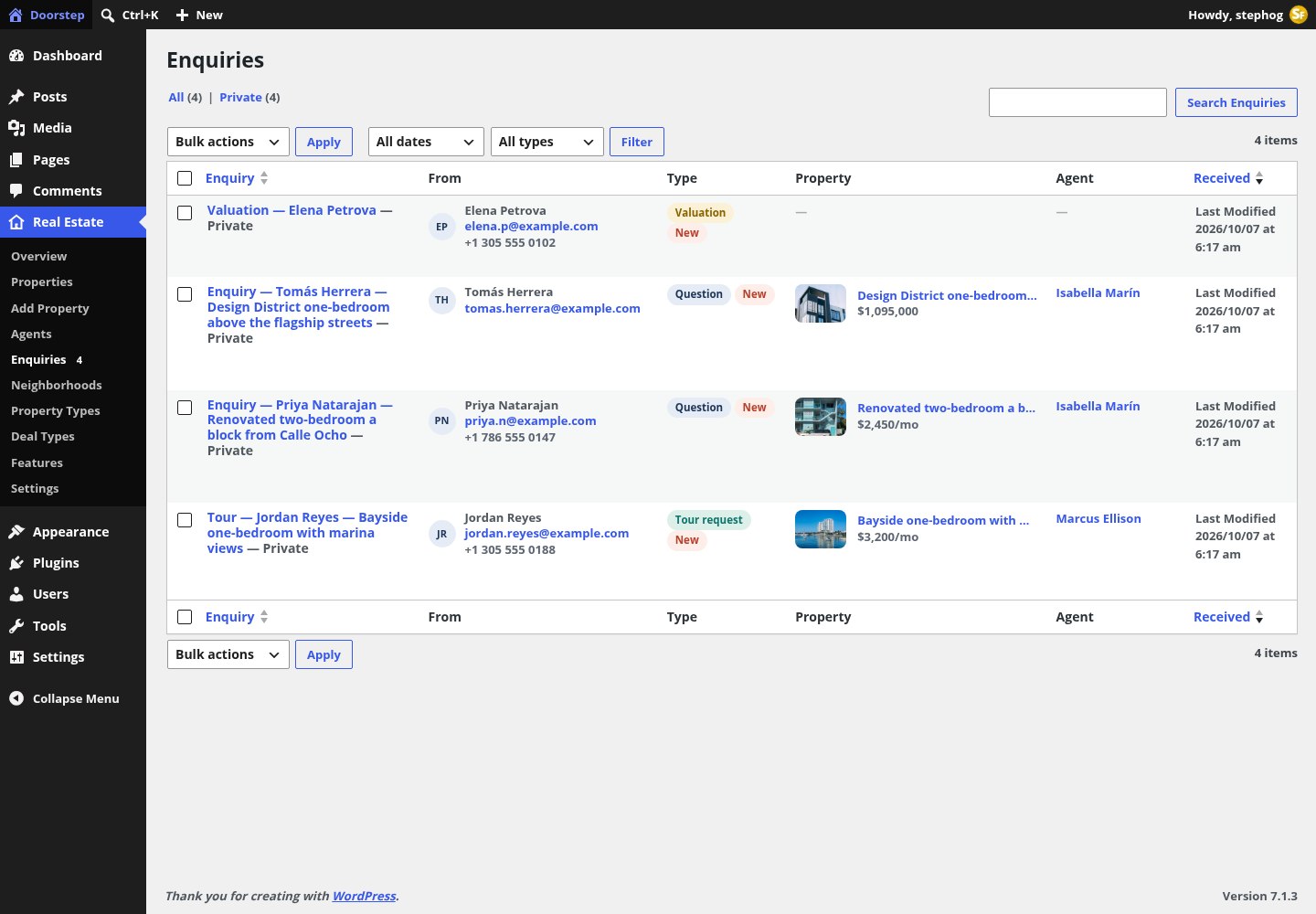 Real Estate → Enquiries: the private inbox of contact, tour and valuation requests with a type filter