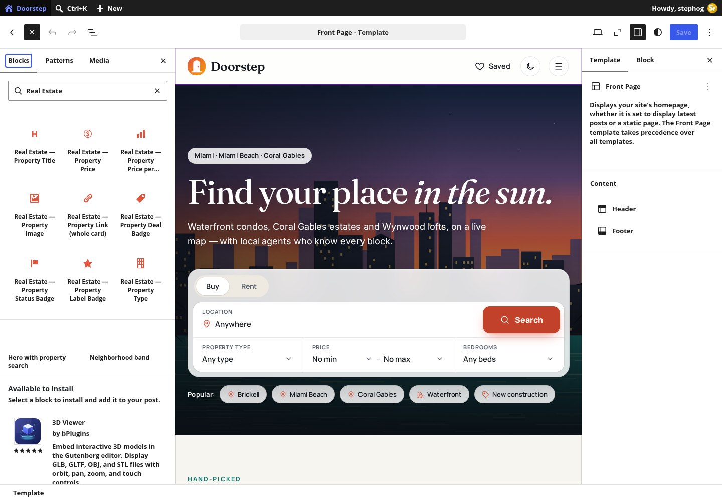 The block inserter in the Site Editor filtered to the Real Estate category, listing the plugin blocks