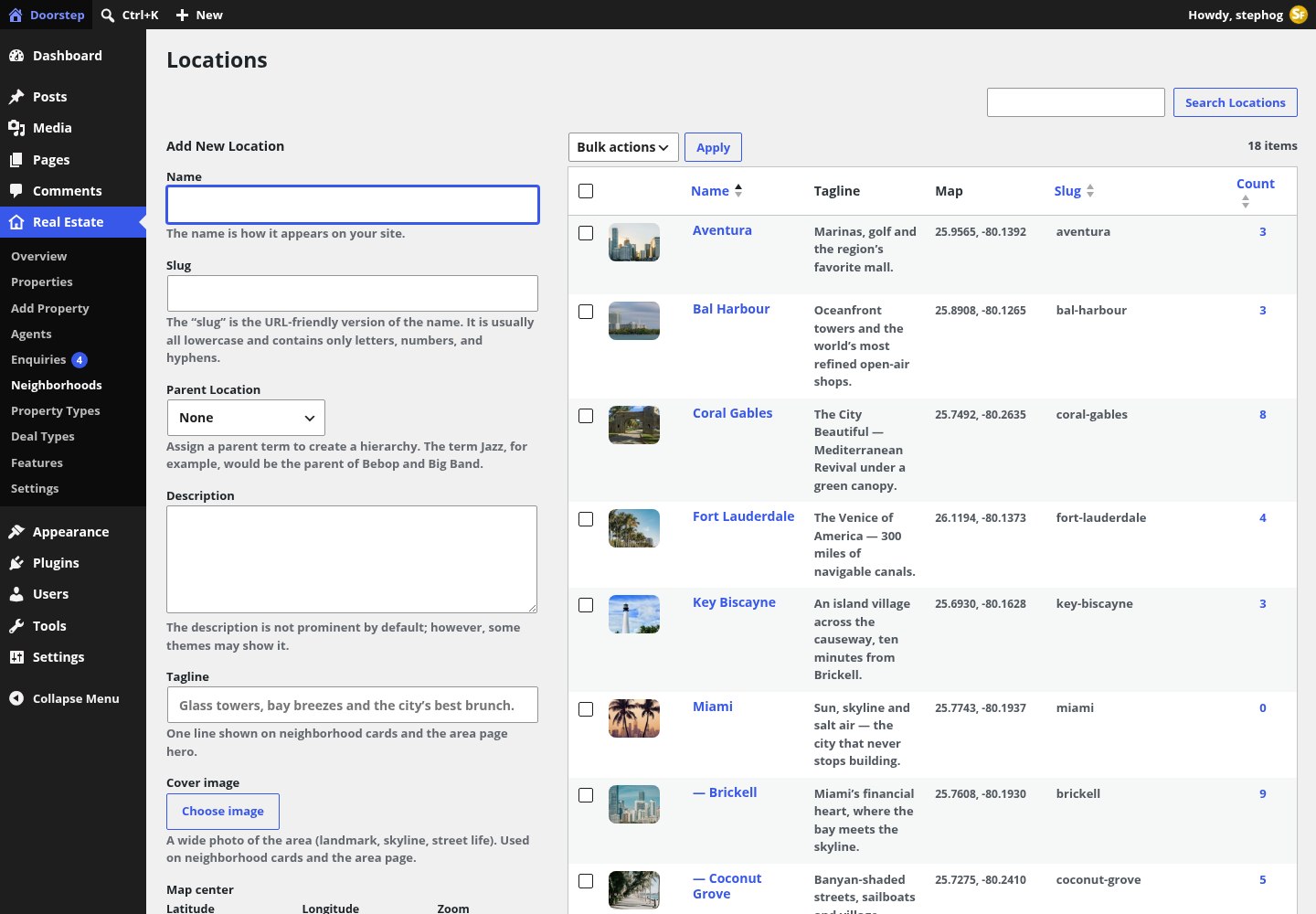 Real Estate → Neighborhoods: the hierarchical Locations taxonomy with tagline, image and map columns