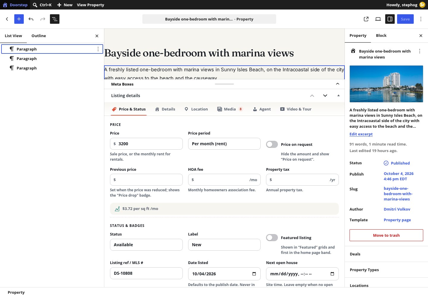 A Doorstep property open in the block editor with the tabbed Listing details meta box and the Listing summary sidebar