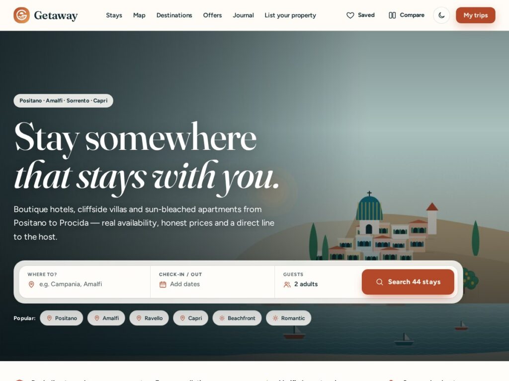 The Getaway demo front page: a dates-and-guests search over an illustrated Amalfi Coast, popular towns and vibes and a night-mode toggle (hotel booking WordPress theme)