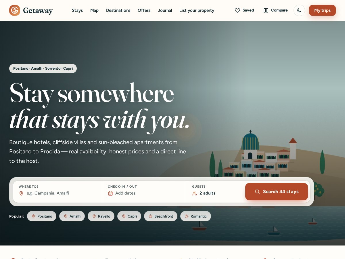 The Getaway demo front page: a dates-and-guests search over an illustrated Amalfi Coast, popular towns and vibes and a night-mode toggle (hotel booking WordPress theme)