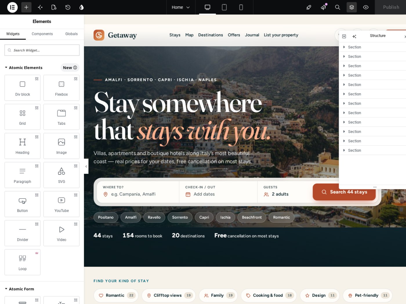 The Elementor editor: the Getaway front page open with the native widget workspace