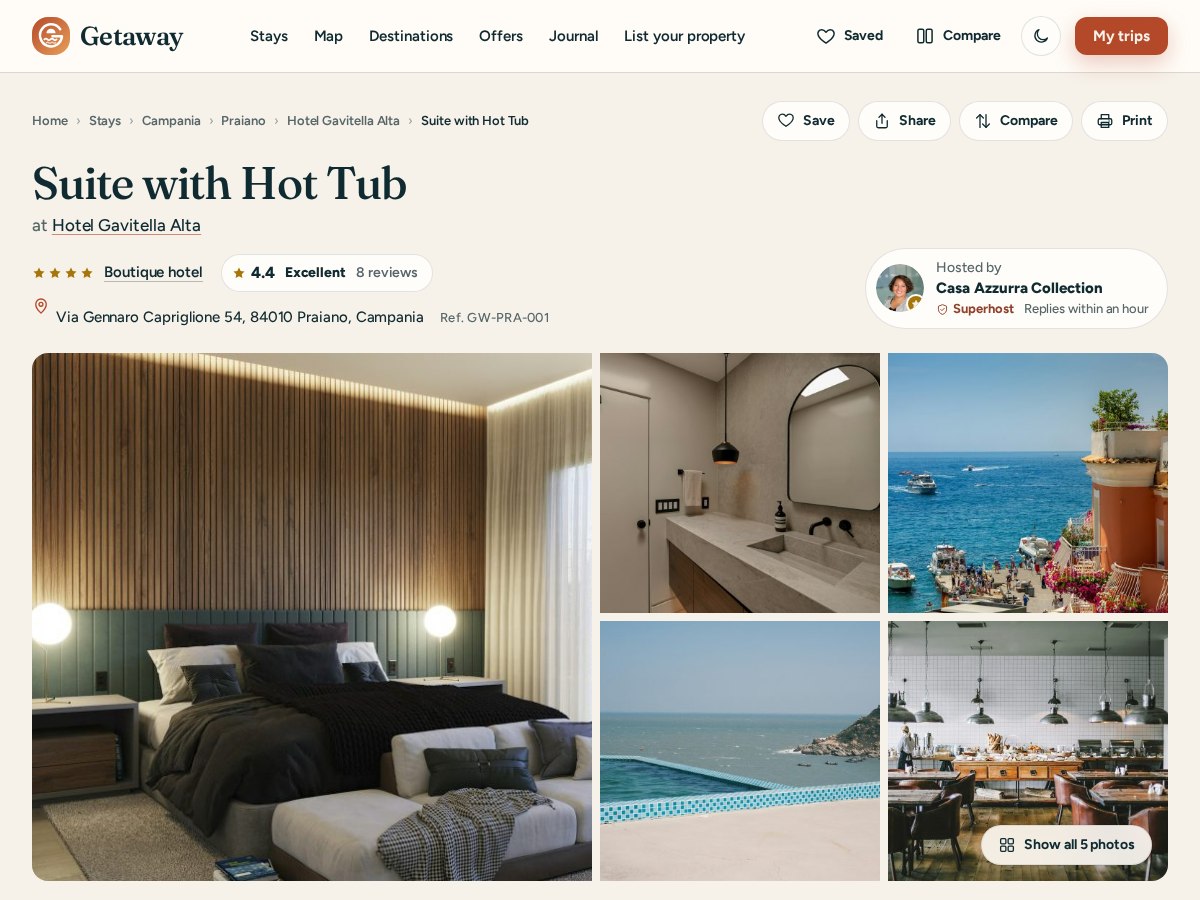 A Getaway room page with beds, capacity, rates and the availability calendar with nightly prices