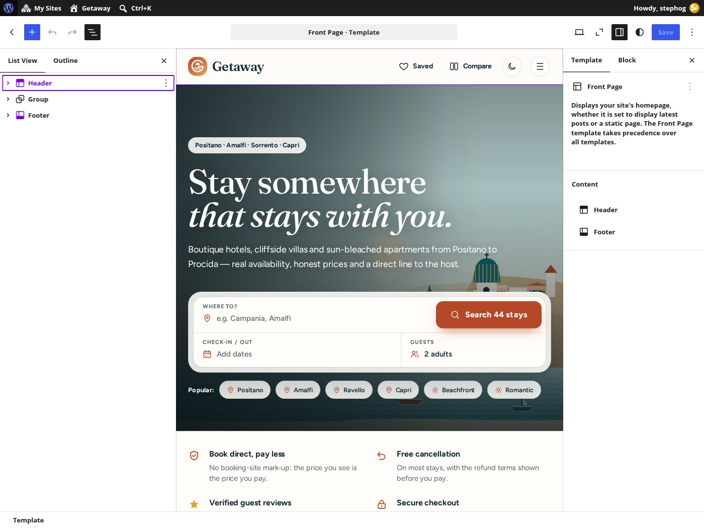 Inside the Site Editor: the Getaway front page open as blocks, List View on the left, block settings on the right