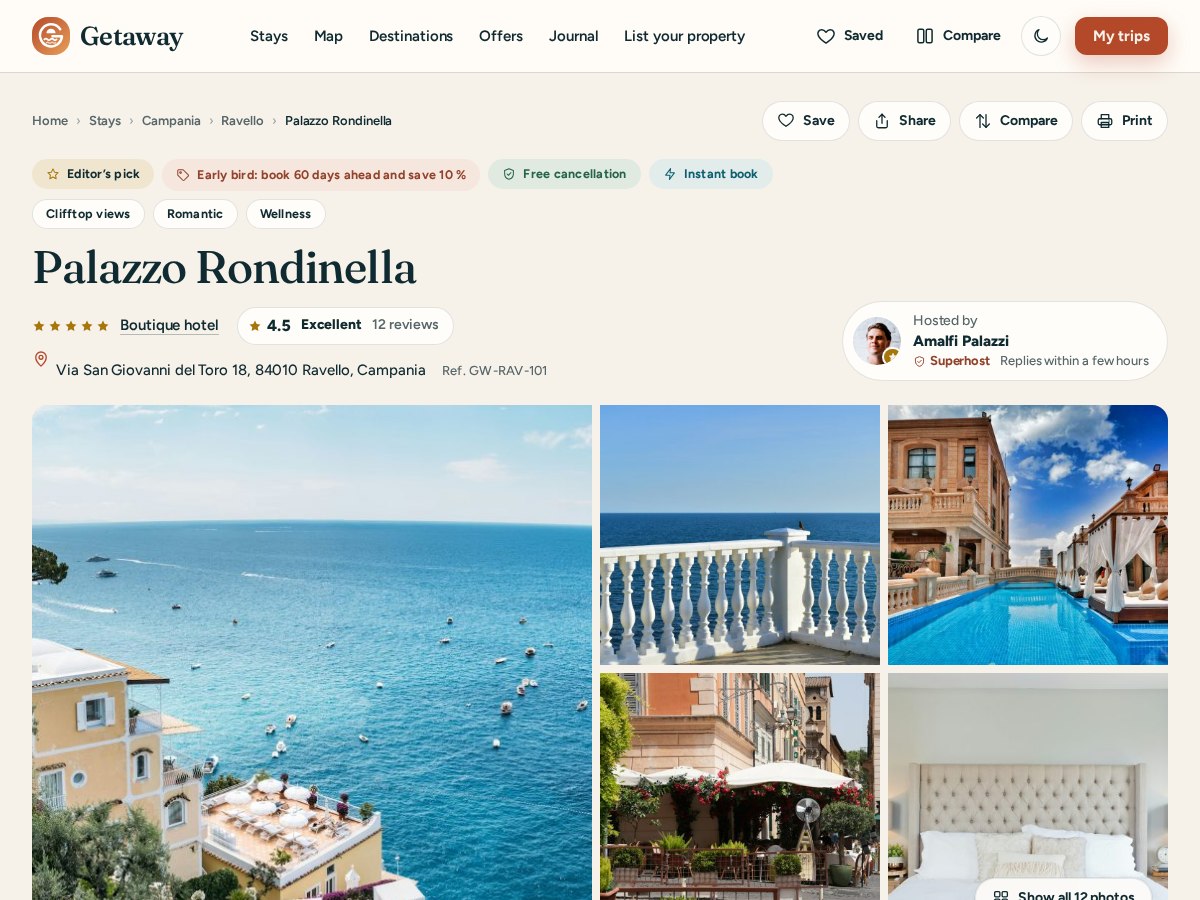A Getaway stay page: offer and free-cancellation badges, rating, host card and a mosaic photo gallery