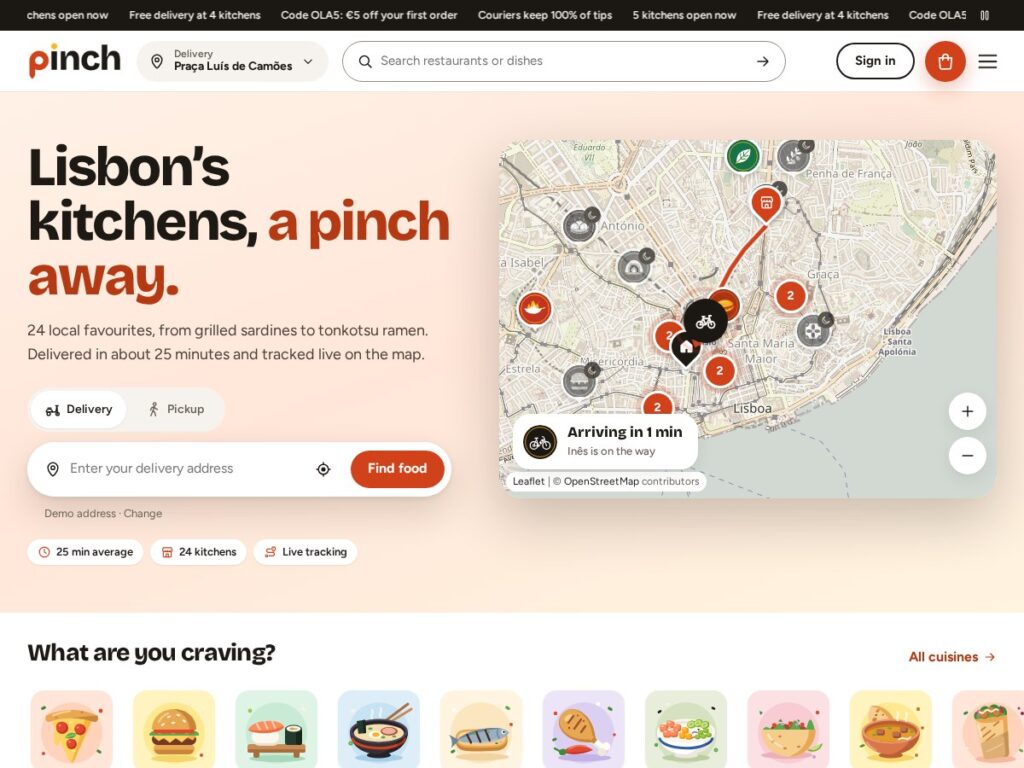 The Pinch demo front page: delivery address, the Lisbon kitchens map with a live order, cuisines and tonight's fastest kitchens (food delivery WordPress theme)