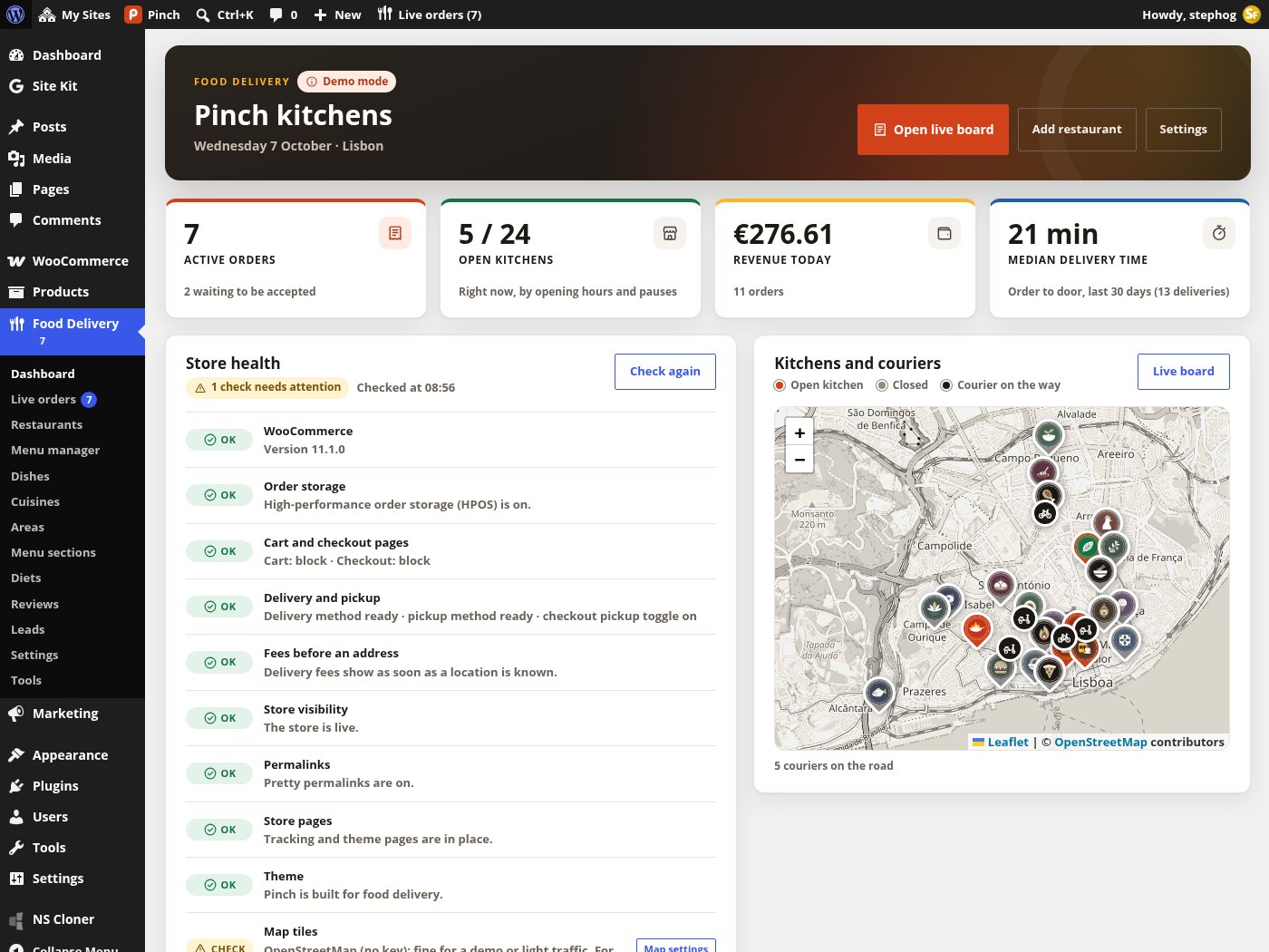 The Food Delivery dashboard in wp-admin: live orders, kitchens, couriers and the one-click WooCommerce setup