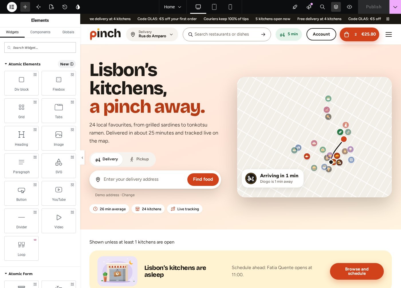 The Elementor editor: the Pinch front page open with the native widget workspace