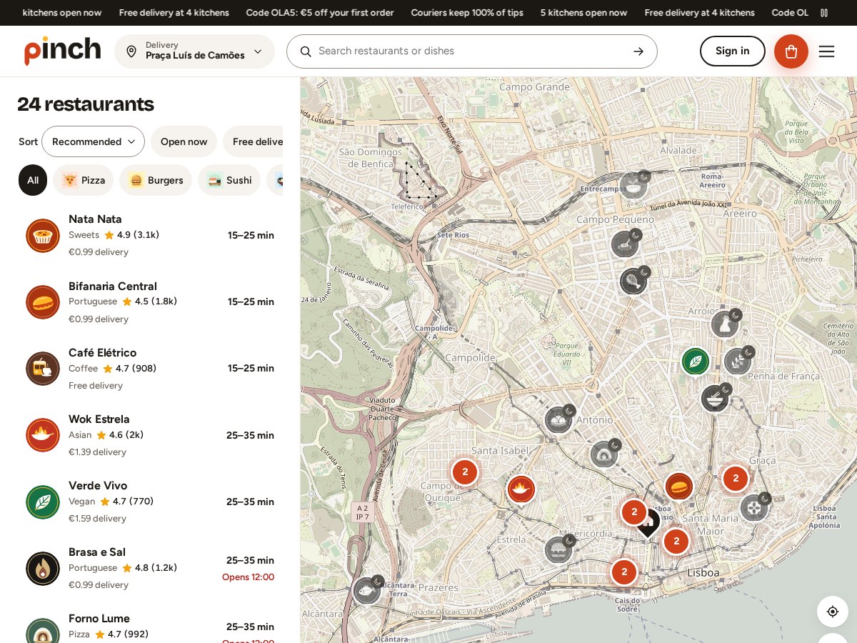 The Pinch map view: every open kitchen pinned on the Lisbon map next to the sortable list