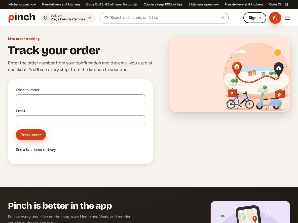 Pinch order tracking: enter the order number and e-mail to follow the courier live on the map